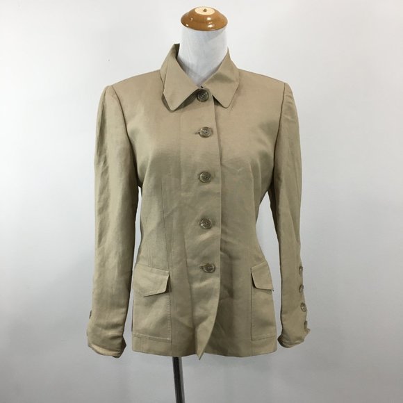 TAHARI Arthur S Levine Petite Beige Linen Blend Flap Pockets Blazer Jacket - Picture 4 of 8